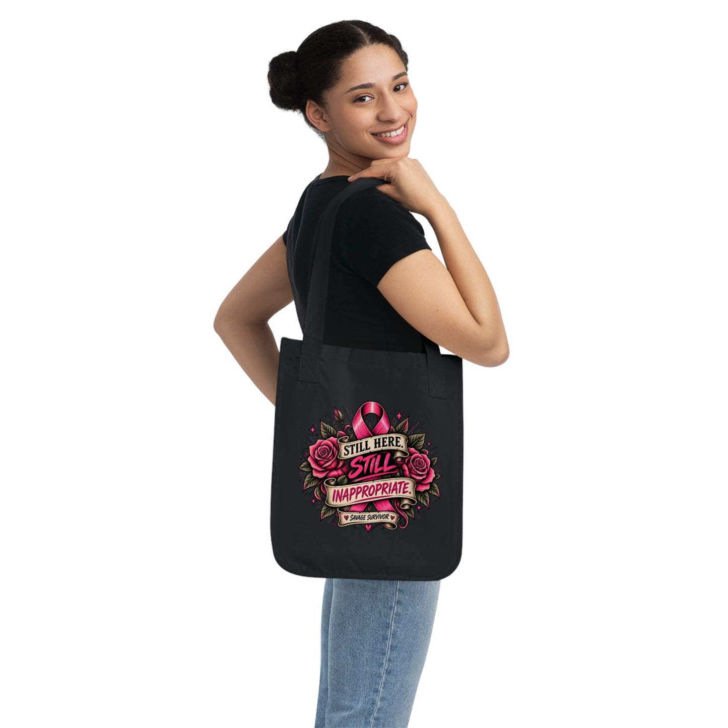Still Here Still Inappropriate Breast Cancer Ribbon Tote Bag | Survivor Design