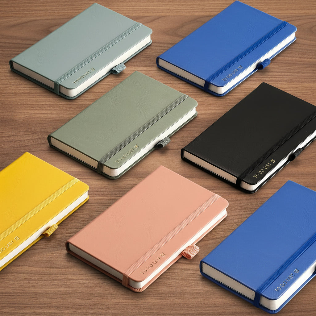Set of colorful notebooks on a gray background