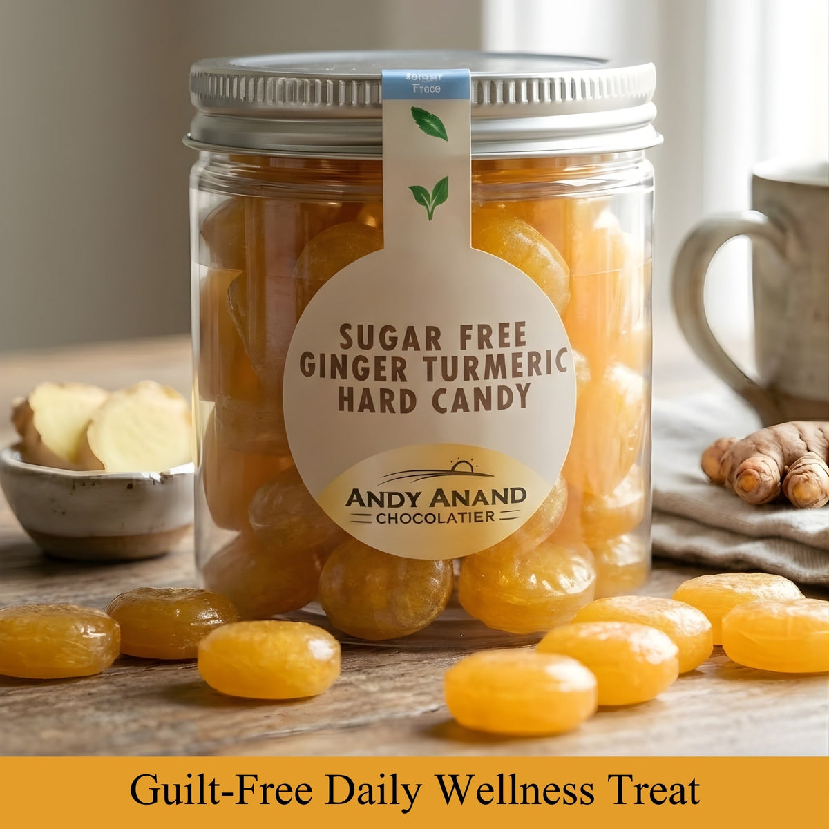 Andy Anand Sugar-Free European Ginger Turmeric Hard Candy, 50 pc, 7 oz – Vegan, Keto, Low-Calorie, Diabetic-Friendly Gourmet Gift Box