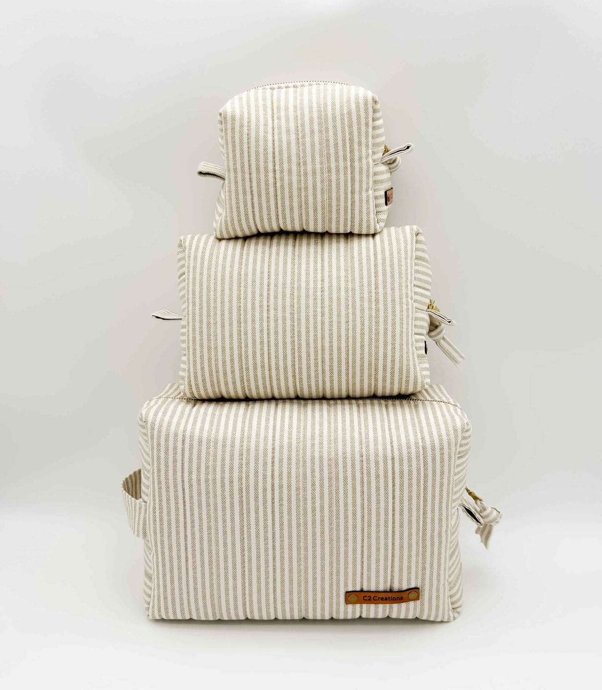 Handmade Makeup Bags - Boxy Toiletry & Makeup Bags in Taupe and Cream Ticking Stripe Pattern