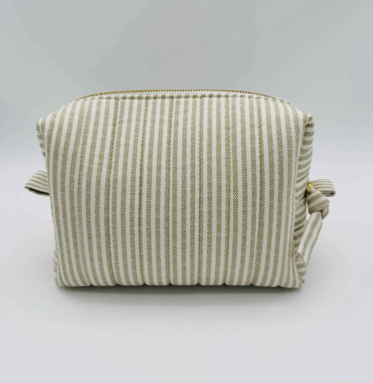 Handmade Makeup Bags - Boxy Toiletry & Makeup Bags in Taupe and Cream Ticking Stripe Pattern