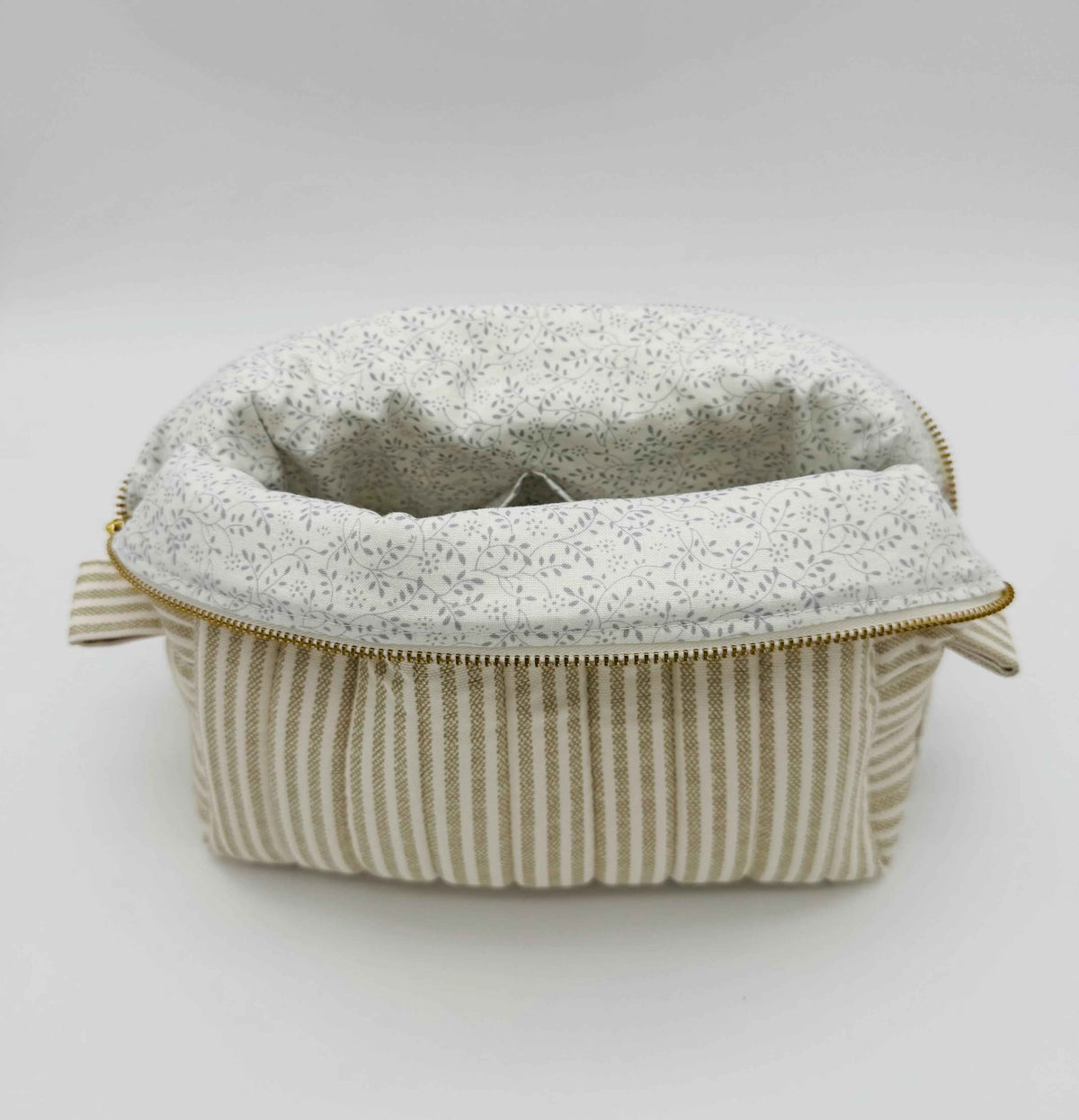 Handmade Makeup Bags - Boxy Toiletry & Makeup Bags in Taupe and Cream Ticking Stripe Pattern